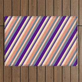 [ Thumbnail: Slate Gray, Indigo, Bisque & Dark Salmon Colored Stripes/Lines Pattern Outdoor Rug ]