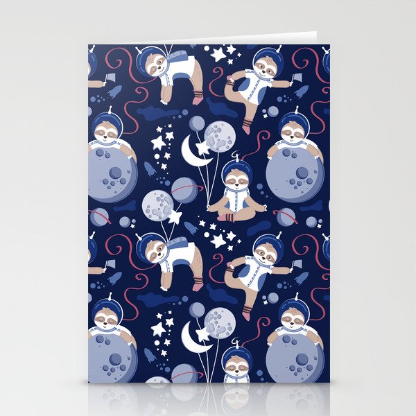 Best Space To Be // navy blue background indigo moons and cute astronauts sloths Stationery Cards