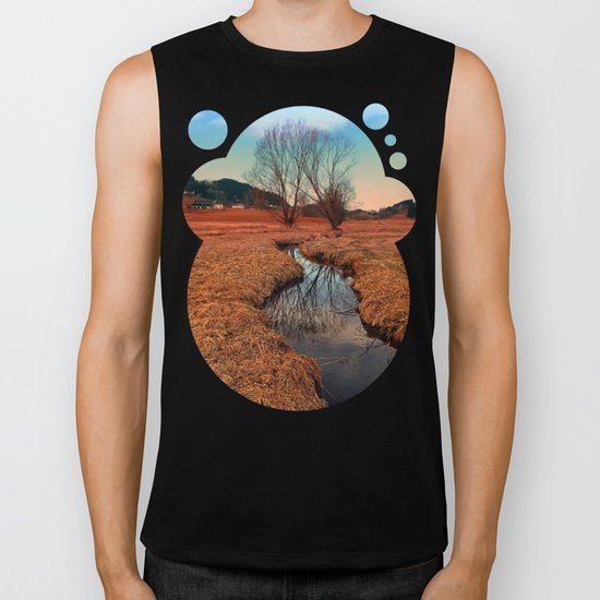 A stream, dry grass, reflections and trees | waterscape photography Biker Tank