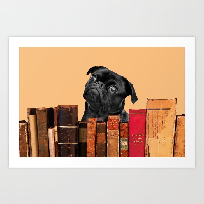 Old Books and Black Pug dog behind Art Print