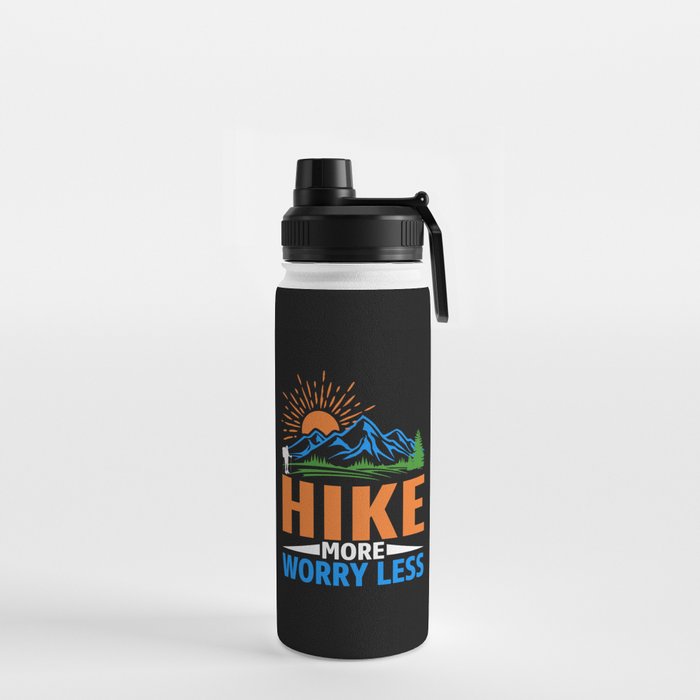Hike More Worry Less Funny Hiking Sayings Water Bottle by Above the Village  Design