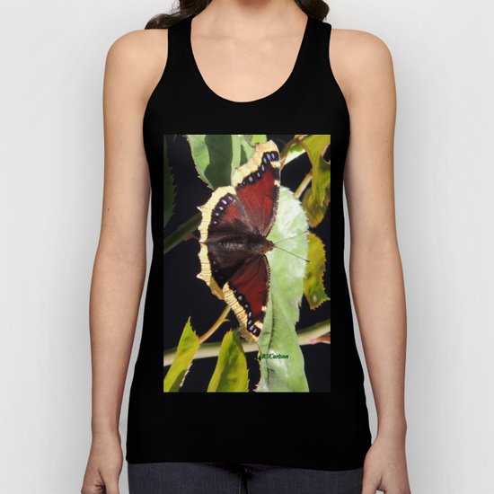 Mourning Cloak Butterfly at Rest on a Rose Leaf Unisex Tank Top
