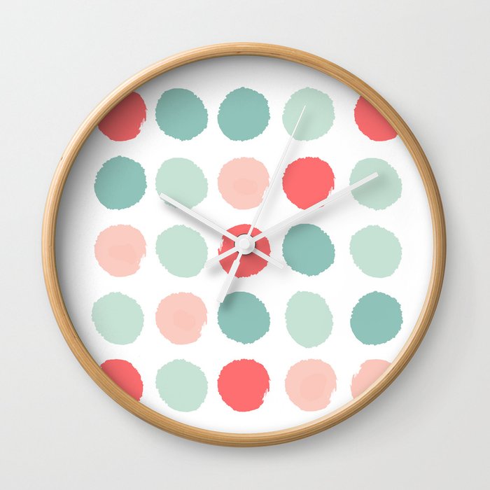 Dots painted coral minimal mint teal bright southern charleston decor colors Wall Clock