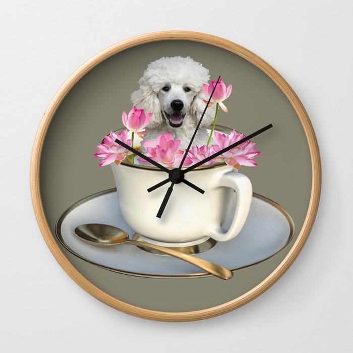 Coffee Cup with Poodle and Lotus Flowers Wall Clock