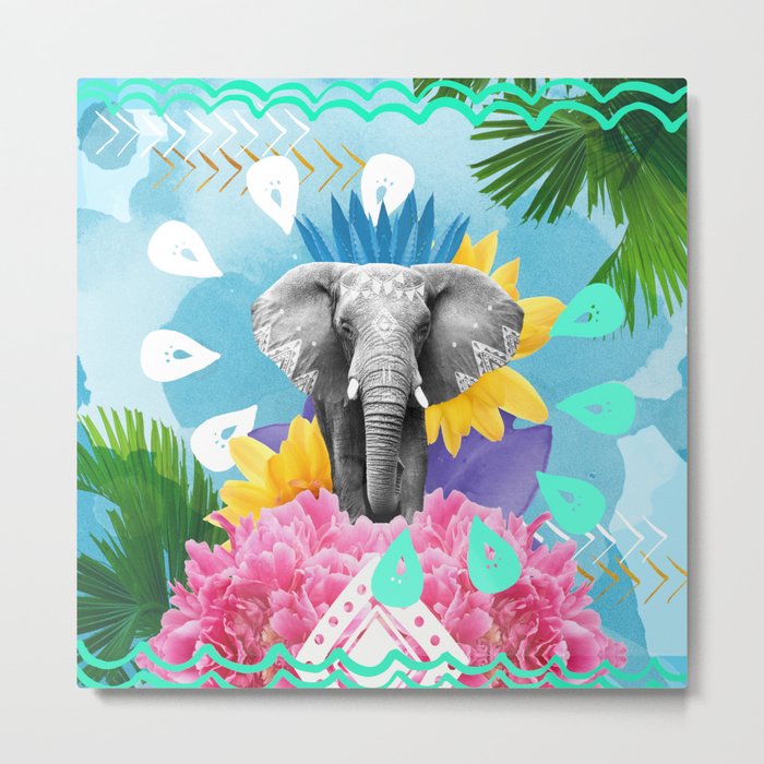 Elephant Festival - Blue Metal Print