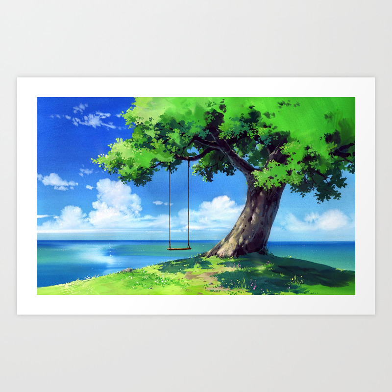 Lovely Swing On Great Tree On Cliff At Seashore Cartoon Scenery Ultra High Resolution Art Print by Art Twister | Society6 Lovely Swing On Great Tree On Cliff At Seashore Cartoon Scenery Ultra High Resolution Art Print by Art Twister | Society6