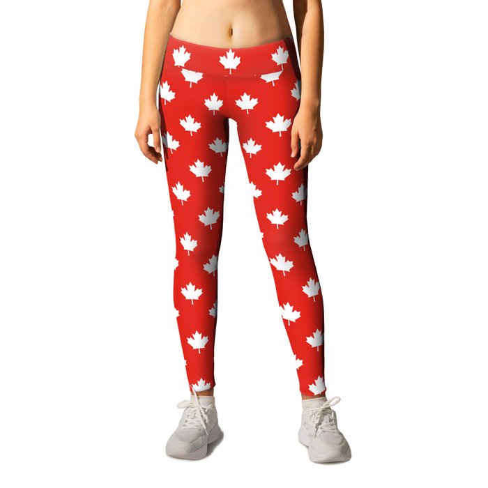 Small Reversed White Canadian Maple Leaf on Red Leggings