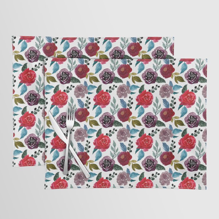 Red and burgundy watercolor flowers Placemat