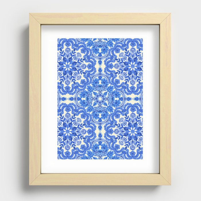 Cobalt Blue & China White Folk Art Pattern Recessed Framed Print