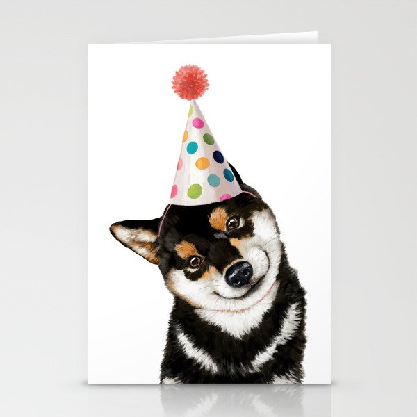 Black Shiba Inu with Party Hat Stationery Cards