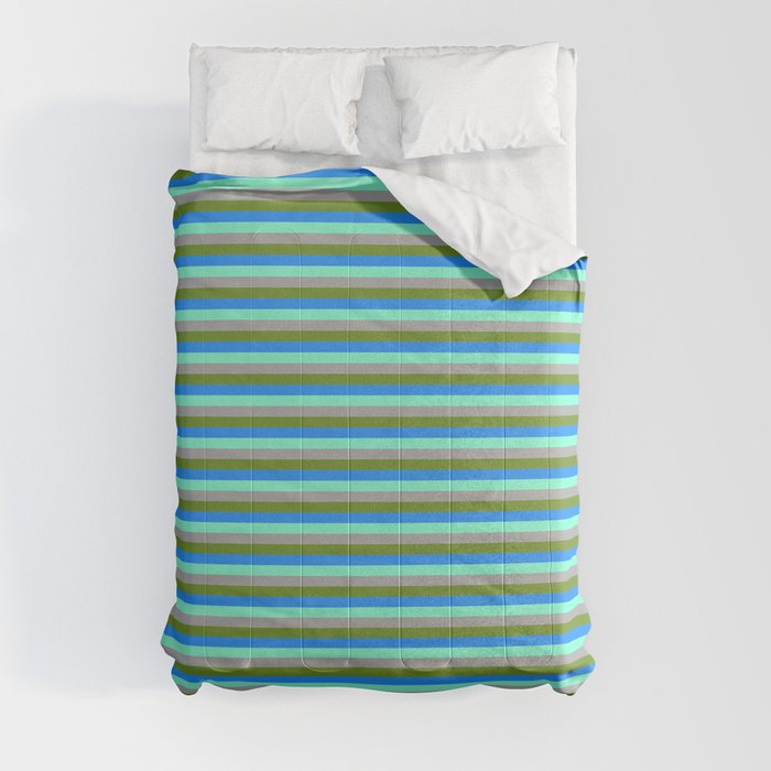 Green, Blue, Aquamarine & Dark Grey Colored Lined Pattern Comforter
