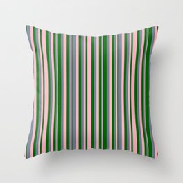 [ Thumbnail: Light Pink, Slate Gray & Dark Green Colored Pattern of Stripes Throw Pillow ]