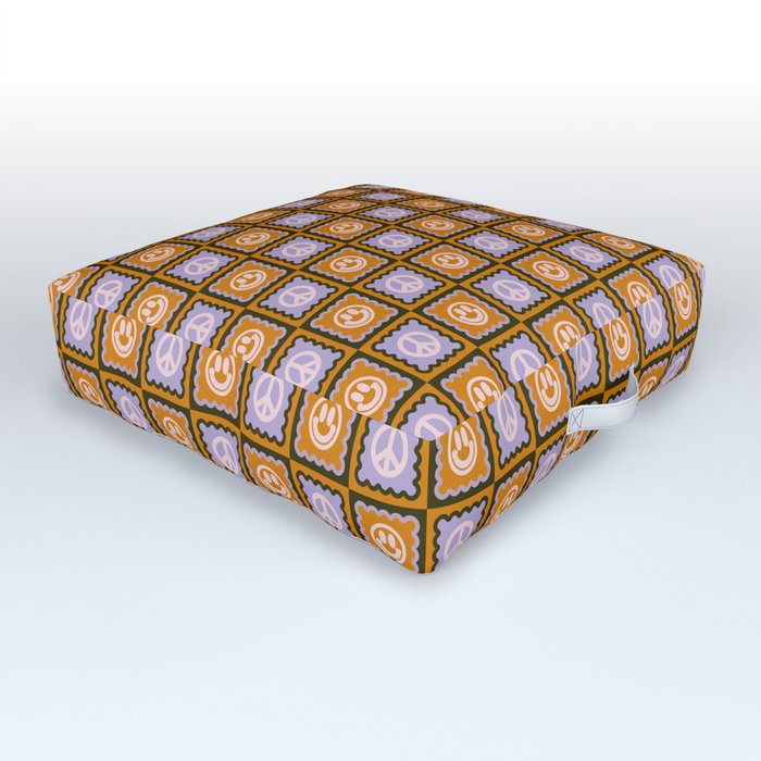 Funky Checkered Smileys and Peace Symbol Pattern (Dark Brown, Ginger Brown, Lilac, Muted Pink) Outdoor Floor Cushion