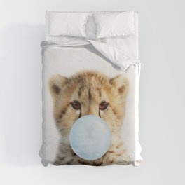 Baby Cheetah Blowing Blue Bubble Gum, Baby Boy, Art for Kids, Baby Animals Art Print by Synplus Duvet Cover