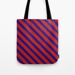 [ Thumbnail: Red and Blue Colored Lined/Striped Pattern Tote Bag ]
