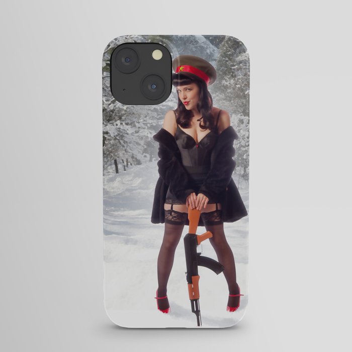 "Sovietsky on Ice" - The Playful Pinup - Russian Theme Pin-up Girl in Snow by Maxwell H. Johnson iPhone Case
