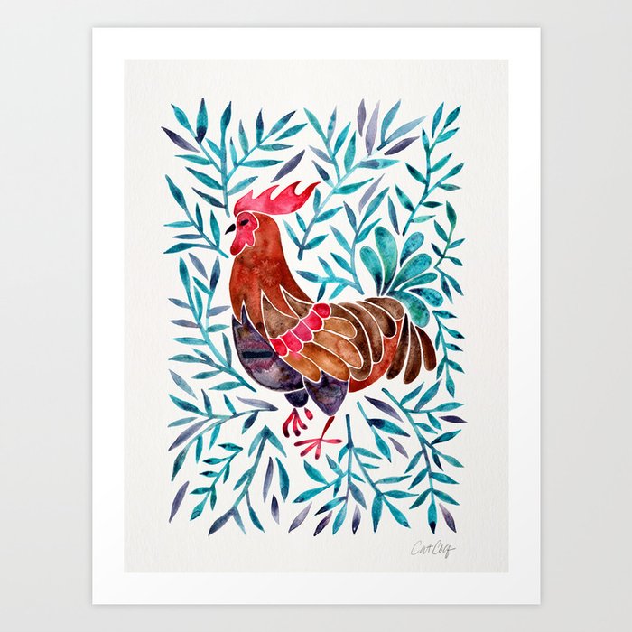 Le Coq – Watercolor Rooster with Turquoise Leaves Art Print