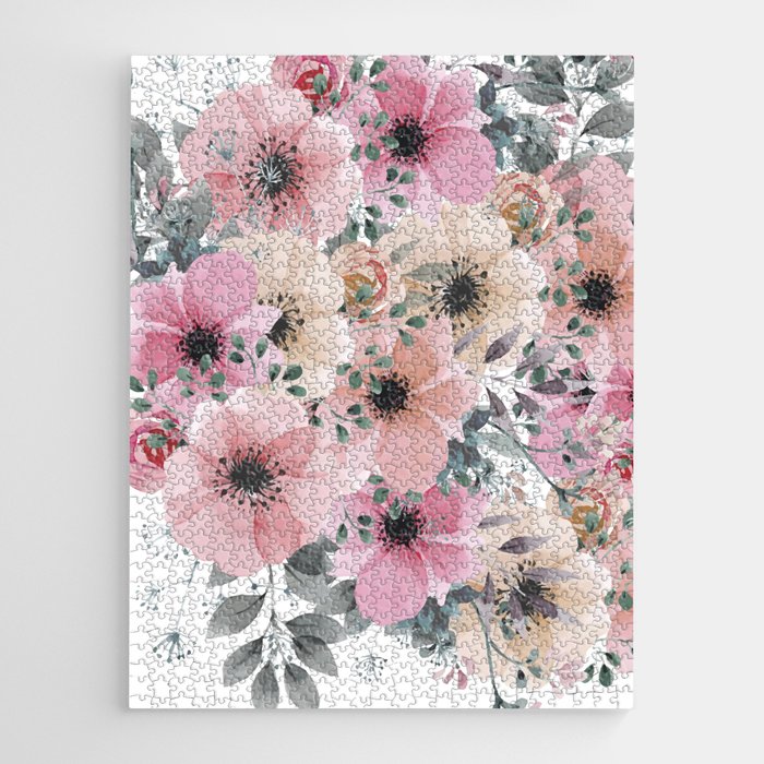 Festive, Floral Watercolor Rose Bouquet, Green and Pink Wrapping Paper by  Megan Morris