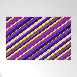 [ Thumbnail: Pale Goldenrod, Brown, Dark Violet & Blue Colored Lined Pattern Welcome Mat ]