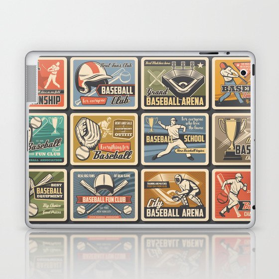 Baseball player and batter with bat, ball at arena. Baseball and softball sport tournament and equipment. Vintage retro sport posters, fan club and championship, cup match Laptop & iPad Skin