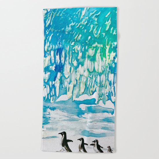 Penguin Family on Thin Ice Beach Towel