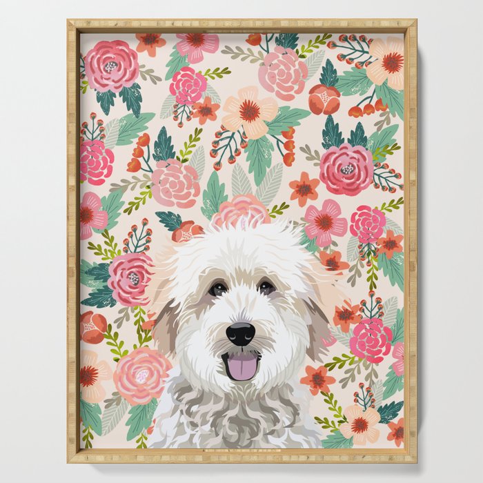 Golden Doodle florals pet portrait art print and dog gifts Serving Tray