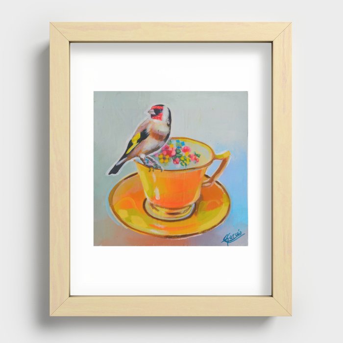 goldfinch and yellow tea cup Recessed Framed Print