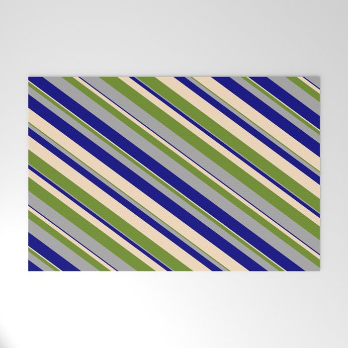 Green, Dark Grey, Blue, and Bisque Colored Stripes/Lines Pattern Welcome Mat