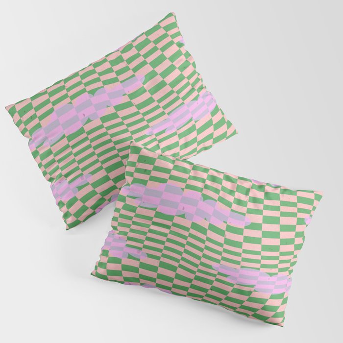 Trippy checkered sky with pink clouds Pillow Sham