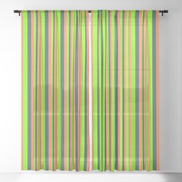 [ Thumbnail: Chartreuse, Coral, and Dark Slate Gray Colored Lines/Stripes Pattern Sheer Curtain ]