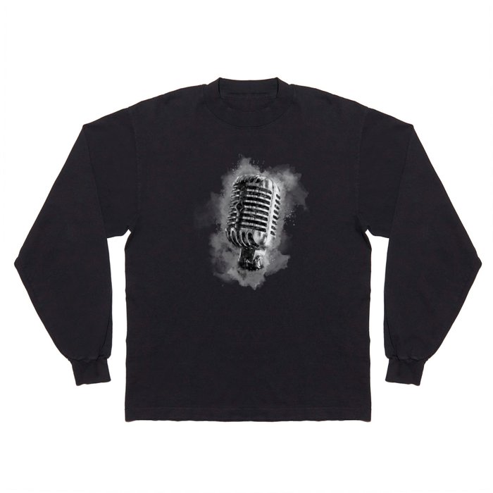 Classic Vintage Chrome Microphone in Black and White Watercolor Long Sleeve T Shirt