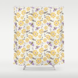 Honey Bees and Flowers - Yellow and Lavender Purple Shower Curtain