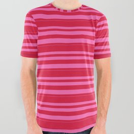 [ Thumbnail: Crimson and Hot Pink Colored Lines/Stripes Pattern All Over Graphic Tee ]