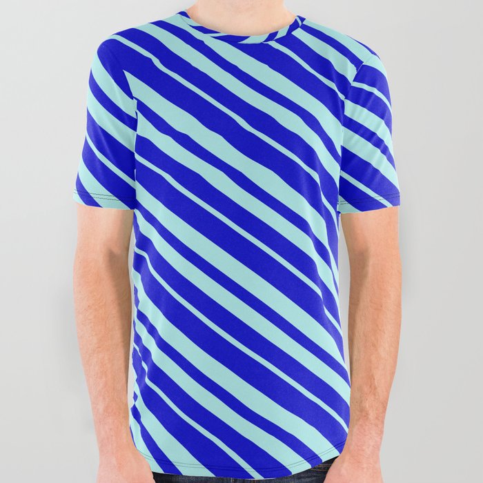Blue & Turquoise Colored Pattern of Stripes All Over Graphic Tee