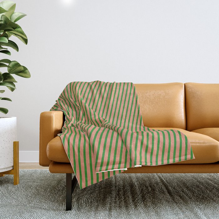 Forest Green and Dark Salmon Colored Striped Pattern Throw Blanket
