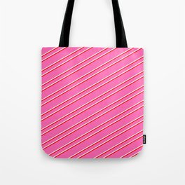[ Thumbnail: Hot Pink, Mint Cream & Red Colored Lines/Stripes Pattern Tote Bag ]