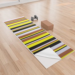 [ Thumbnail: Yellow, Sienna, Lavender, and Black Colored Lines/Stripes Pattern Yoga Towel ]