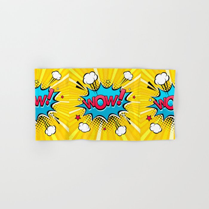 Comic speech bubble with expression text Wow!, stars and clouds. bright dynamic cartoon illustration in retro pop art style on halftone background Hand & Bath Towel