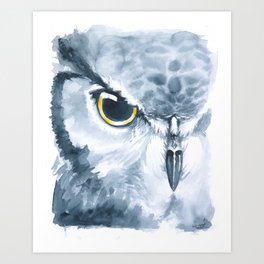 Hunt by Night - Watercolor Painting of an Owl in Blue with Glaring Yellow Eye Art Print