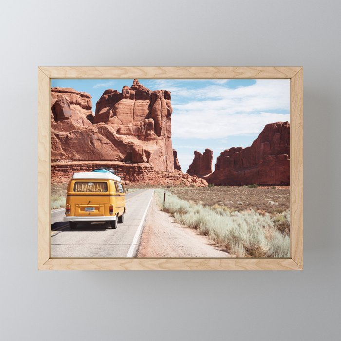 Red SouthWest Desert Roadtrip in Yellow V W Camper Van - USA Framed Mini Art Print