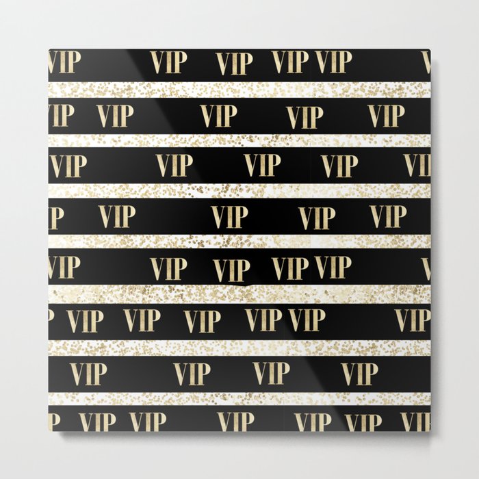Elegant black gold VIP typography confetti stripes Metal Print