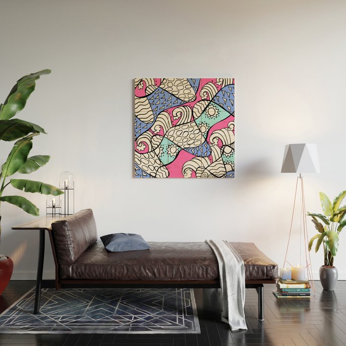 Doodle Art Drawing Seagulls Rocks And Waves Blues Pink Wood Wall Art By Desertsart