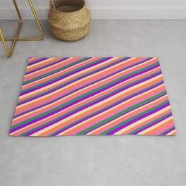 [ Thumbnail: Eyecatching Coral, Hot Pink, Sea Green, Dark Violet, and Tan Colored Pattern of Stripes Rug ]