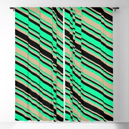 [ Thumbnail: Green, Tan, and Black Colored Striped/Lined Pattern Blackout Curtain ]