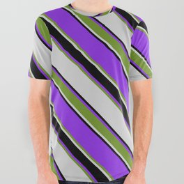 [ Thumbnail: Purple, Green, Light Gray & Black Colored Lines/Stripes Pattern All Over Graphic Tee ]