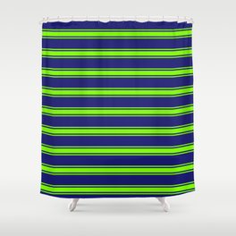 [ Thumbnail: Midnight Blue and Green Colored Lines Pattern Shower Curtain ]