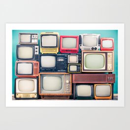 Retro TV receivers set from circa 60s, 70s and 80s of XX century, old wooden television stand with amplifier front mint blue wall background. Broadcasting, news concept. Vintage style filtered photo Art Print