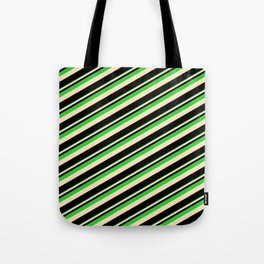 [ Thumbnail: Lime Green, Bisque & Black Colored Lines Pattern Tote Bag ]