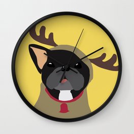 Black Frenchie in Reindeer Costume  Wall Clock