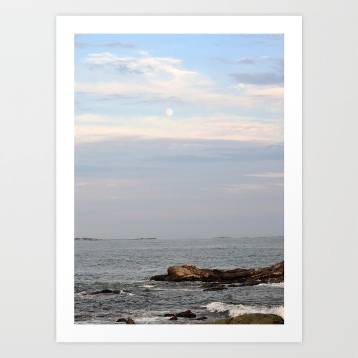 The Moon Over the Ocean Art Print | Photography, Ocean, Moon, Sky, Water, Blue, Clouds, Waves, Pink